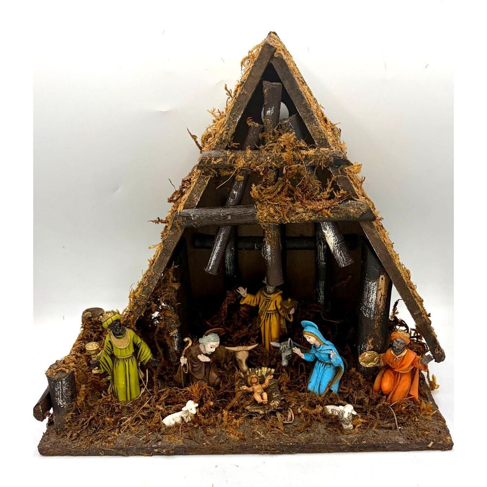 Large Vintage 1960s Nativity Creche Christmas Decor Manger Scene Italy